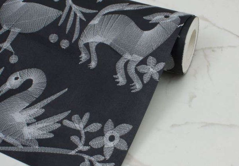 Aves Embroidered Wallpaper - Off-Black