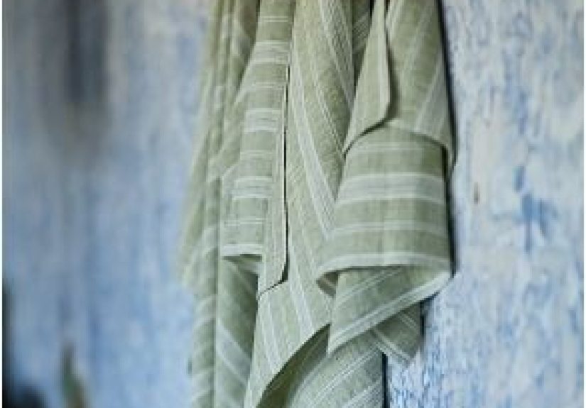 Bath Towel Green Linen Multistripe