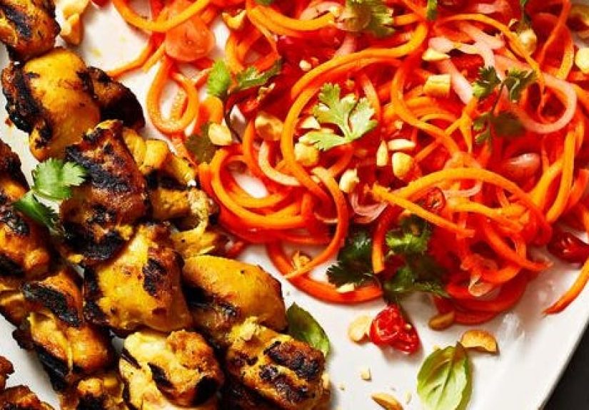 Best Chicken Satay With Spiralized-Carrot Salad Recipe - How To Make Chicken Satay With Spiralized-Carrot Salad