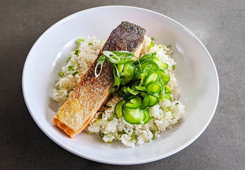 Crispy Salmon with Salt and Pepper Scallion Rice and Vinegar Pickles