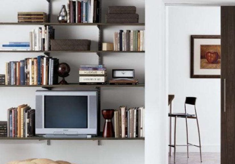 Driftwood & Platinum Elfa Living Room Shelving