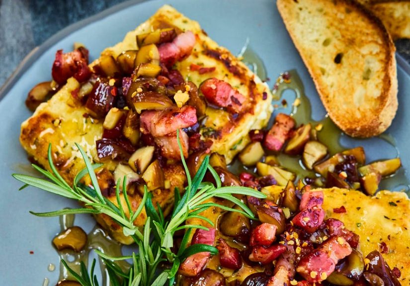 15-Minute Fried Feta Starter with a Chestnut and Bacon Crumble Topping